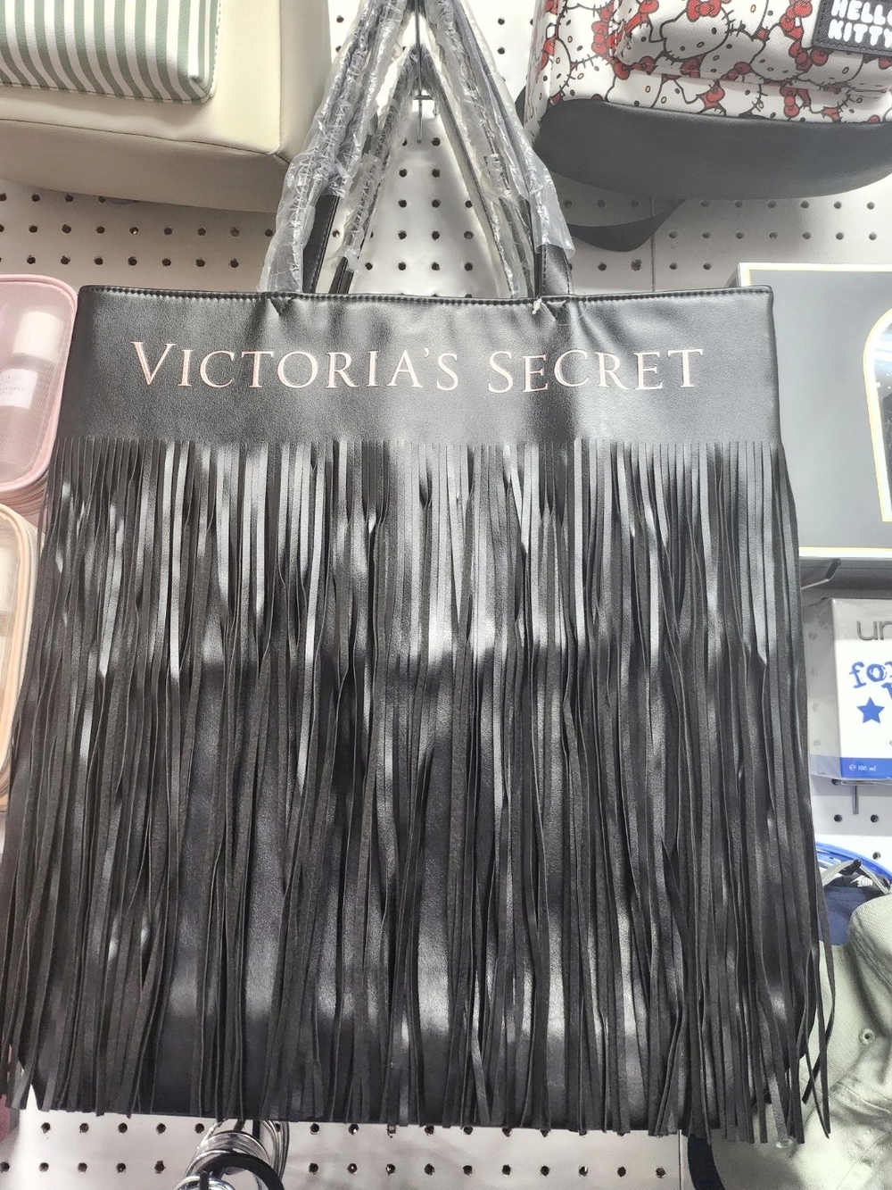 Victoria's Secret Black Fringe Tote with Rose Gold Logo